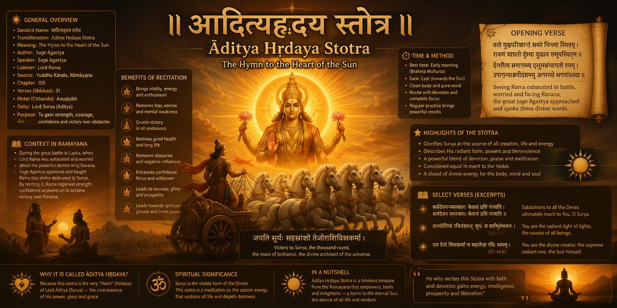 Āditya Hṛdaya Stotra — the Hymn to the Heart of the Sun. Sūrya on his seven-horse chariot, with overview, benefits, the opening verse and select verses.